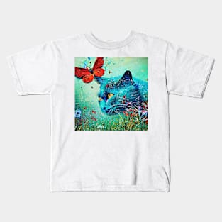 Blue cat and butterfly Kids T-Shirt